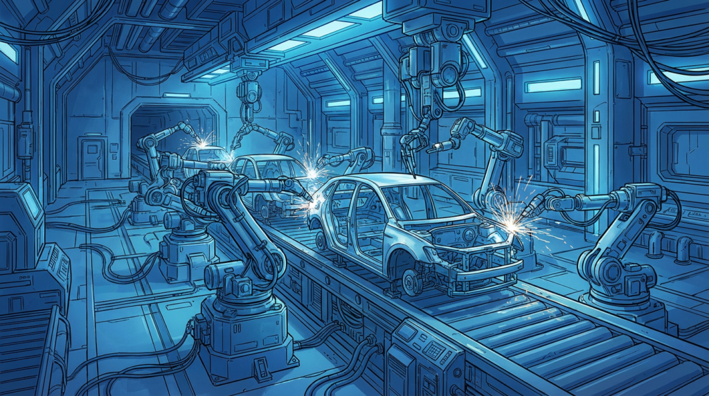 Dark factory automobile robots production véhicule électrique Chine