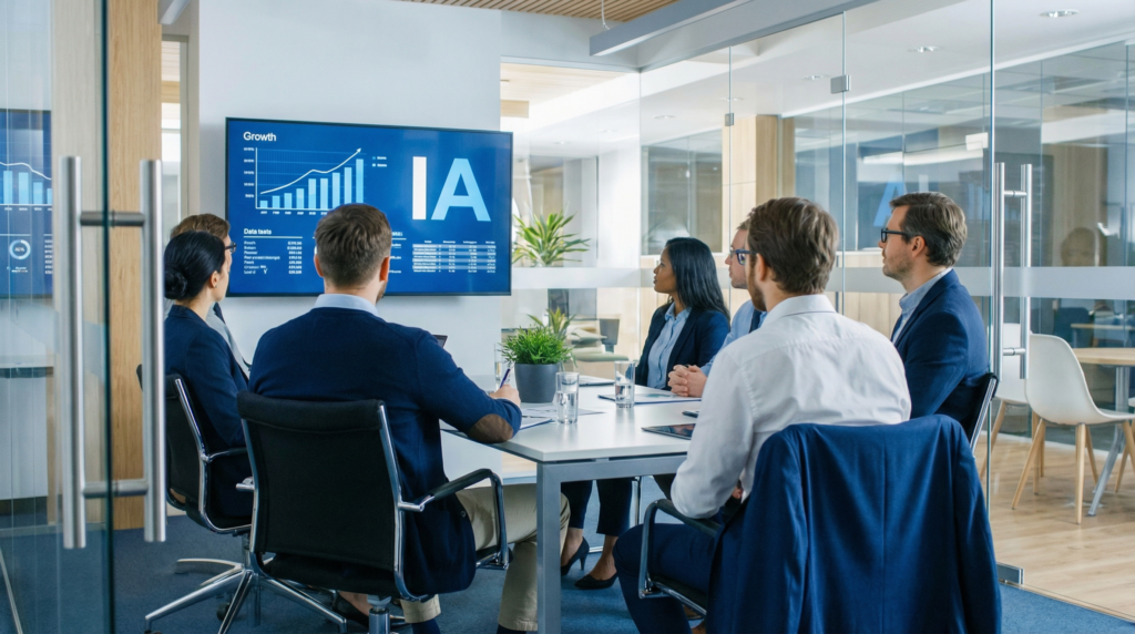 Formation IA entreprise — équipe professionnelle en session de montée en compétences