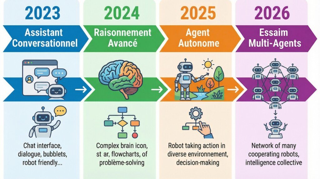 Évolution IA conversationnelle vers agentique 2023 2026