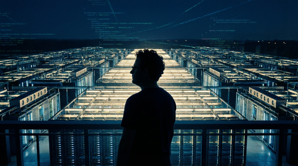 Adolescence technologique IA — silhouette face au datacenter