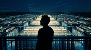 Adolescence technologique IA — silhouette face au datacenter