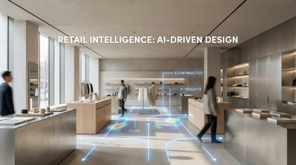IA retail design intérieur magasin moderne avec flux piétons analysés