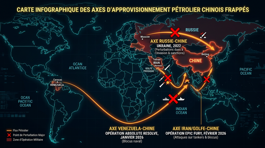 Trois axes approvisionnement pétrolier Chine frappés Russie Venezuela Iran 2022-2026
