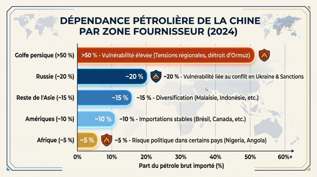 Répartition importations pétrole Chine par zone fournisseur vulnérabilité 2024