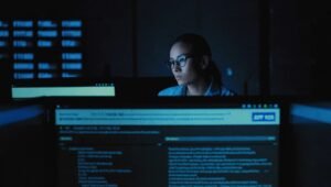 Chercheur surveillant le raisonnement d'un modèle d'IA la nuit