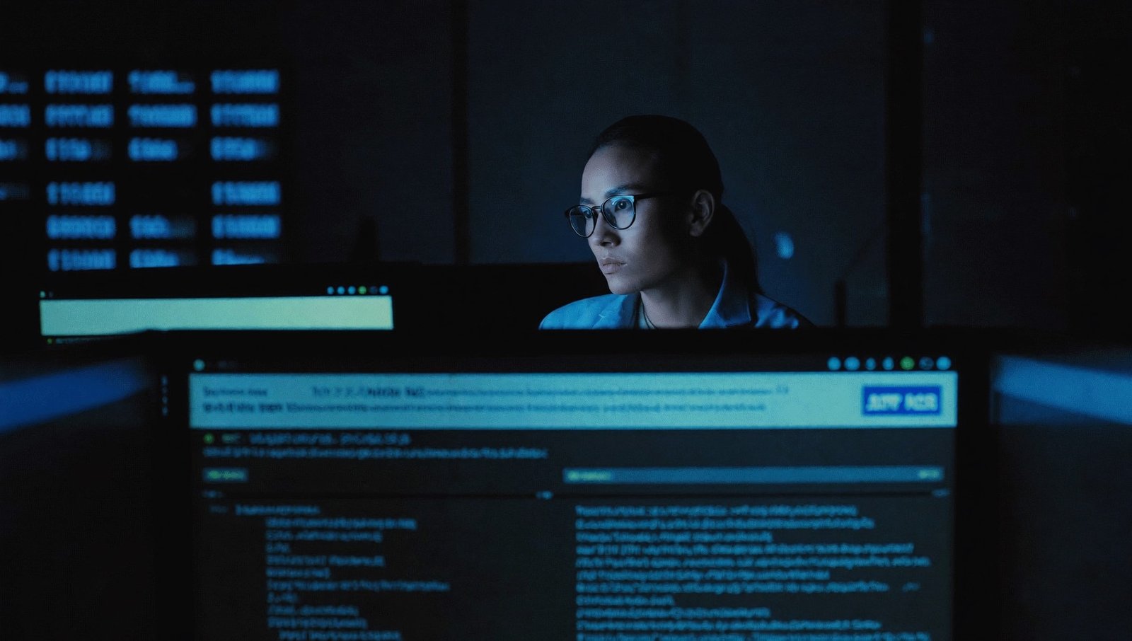 Chercheur surveillant le raisonnement d'un modèle d'IA la nuit