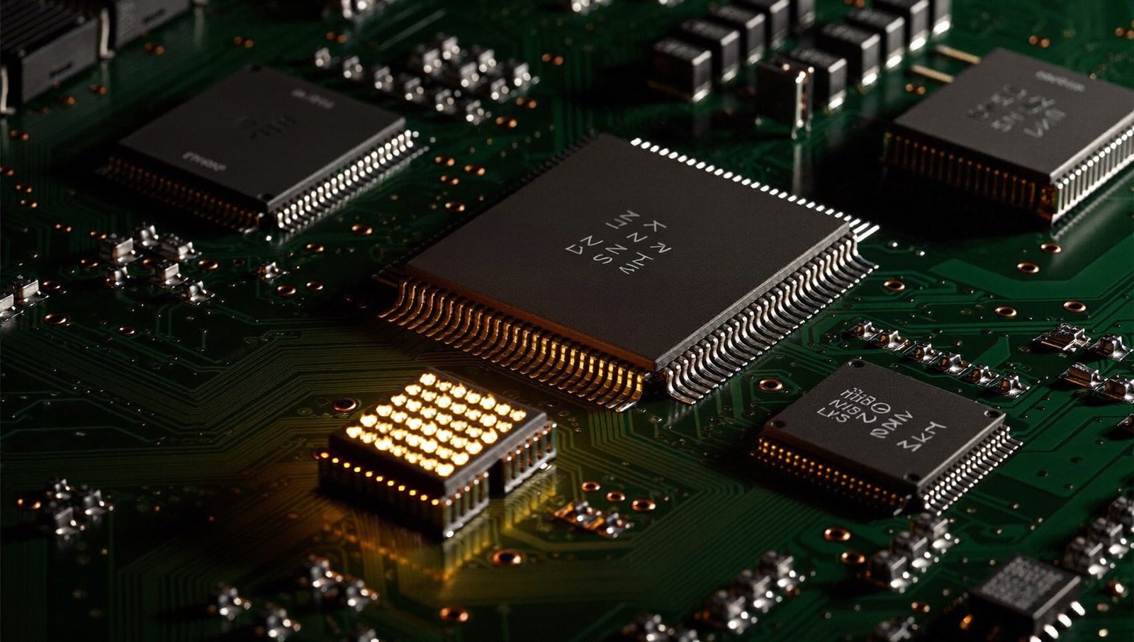 Salle blanche de fabrication de semi-conducteurs, wafer de puces d'IA sous lumière ambrée, symbole du déclin de l'hégémonie Nvidia