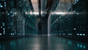 Rangées de serveurs GPU illuminés dans un data center, symbole de la financiarisation du calcul
