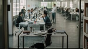 Bureau de manager intermédiaire dans un open space, Great Flattening