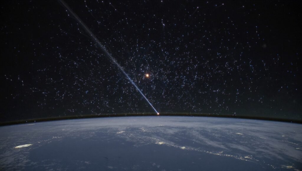 Constellation de satellites Starlink en orbite au-dessus de la Terre avec un data center spatial
